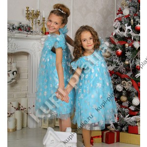 Платье для девочки голубое Снежинки на Новый год