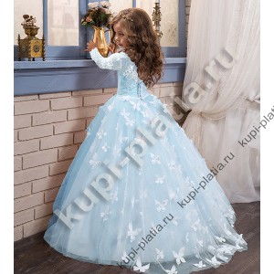 Платье для девочек Бабочки со шлейфом голубое