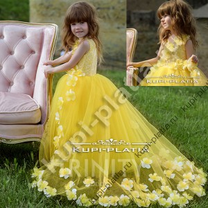 Детское Платье бальное желтое Цветочный шлейф