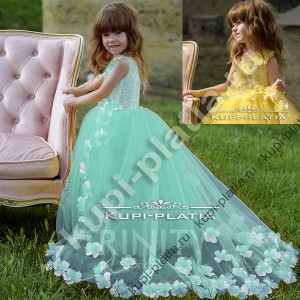 Платье для девочек нарядное Цветочный шлейф мята